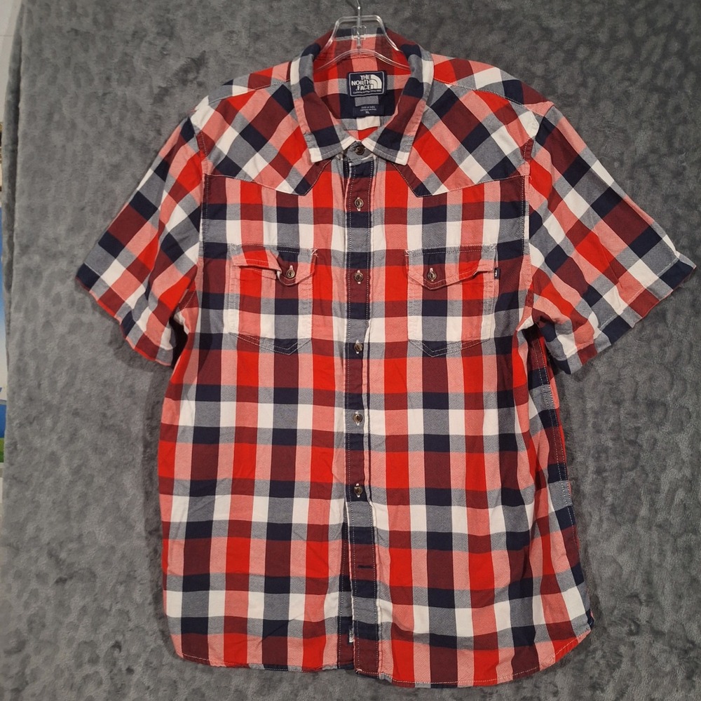 The North Face Mens XL Red Blue Plaid Short Sleeve Western Yoke Cotton Shirt